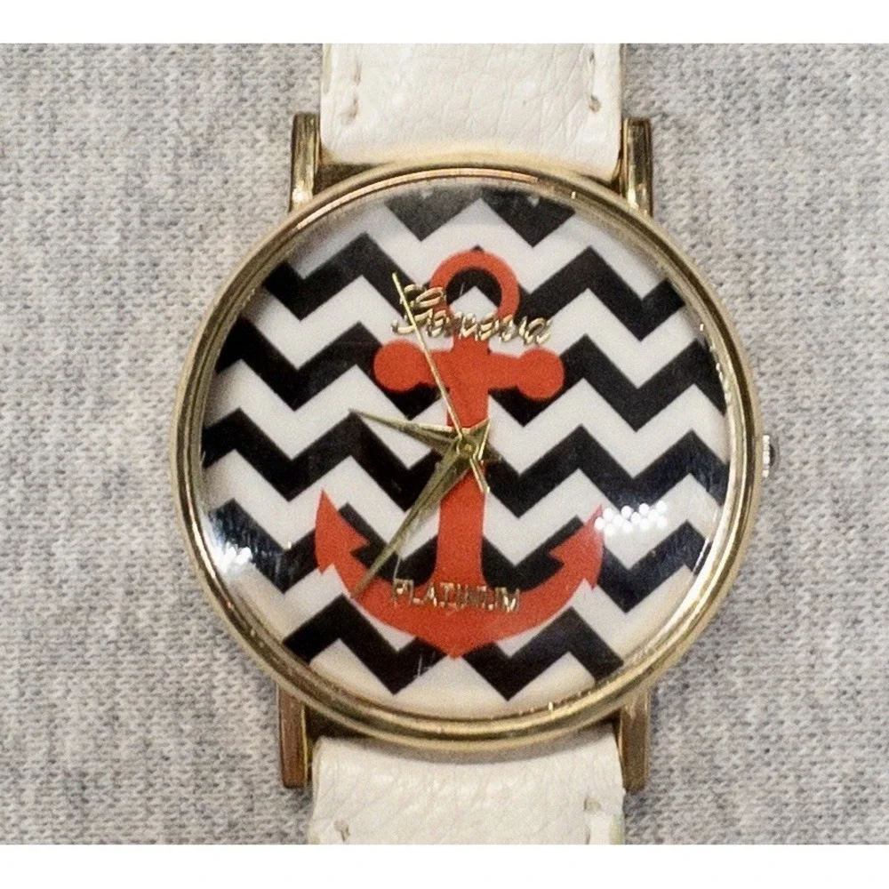 Geneva Platinum Watch Womens‎ Pink Anchor White Leather Band Nautical Chevron